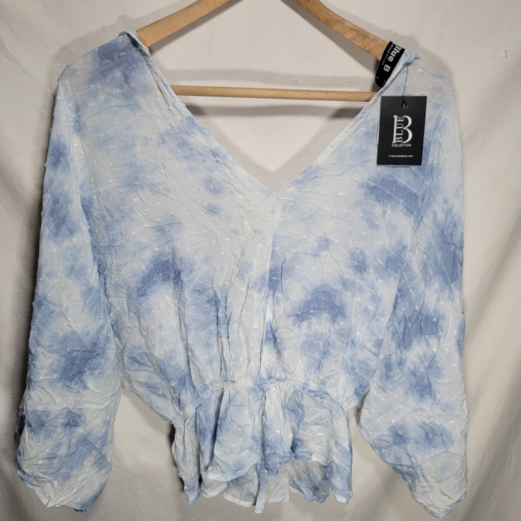 Nwt Lydia Blue Tie-Dye Wrap Blouse Size Large Long-Sleeve By Blue B Collection